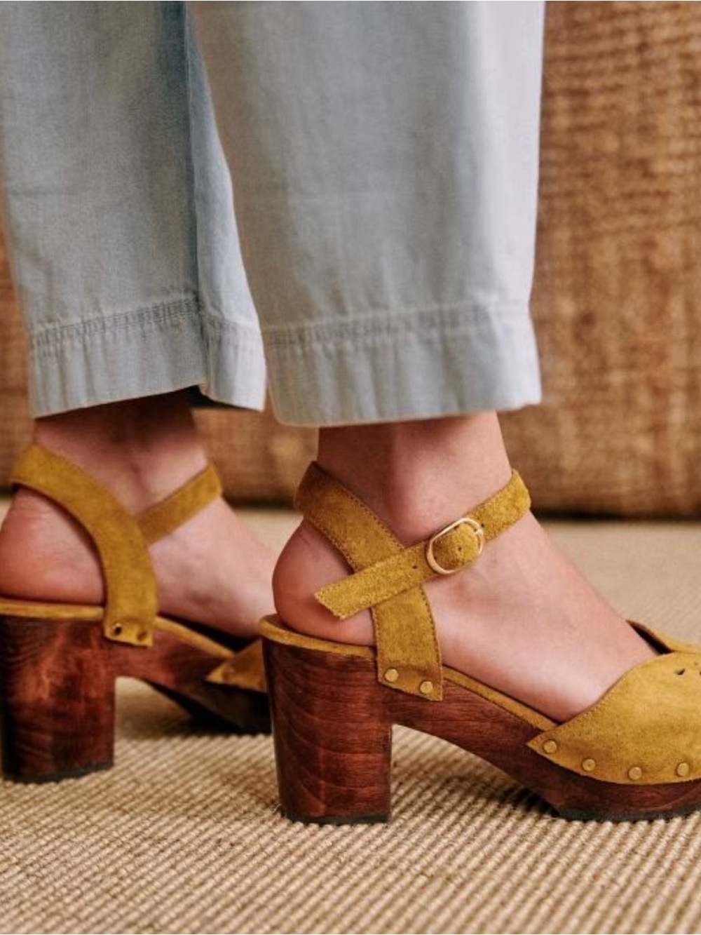 Sezane Sienna Honey Mustard Suede Cutout Ankle-Strap Clogs - Picture 2 of 2